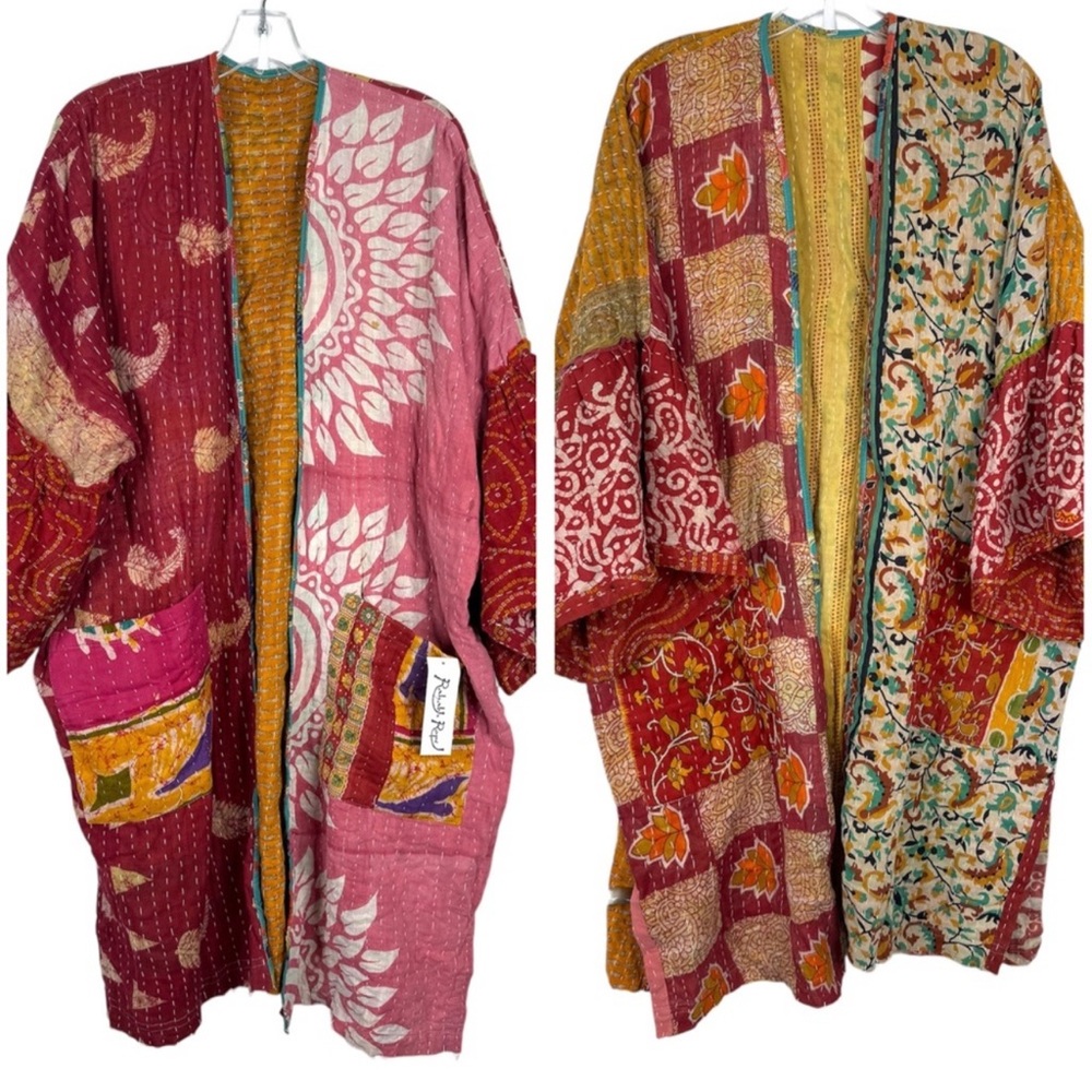 RAHAB’S ROPE Kantha NEW Reversible Patchwork Open Front Boho Kimono Duster NEW - Picture 2 of 14
